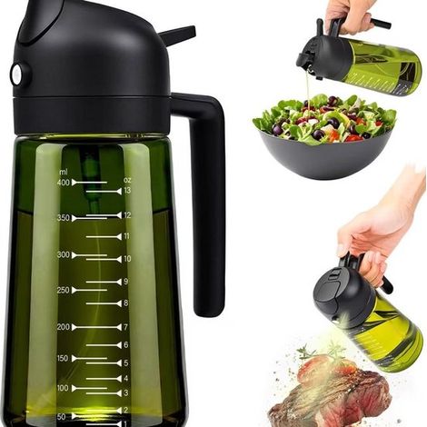 Distributeur d'huile d'olive 2 en 1 - distributeur d'huile d'olive, vaporisateur d'huile, flacon d'huile - 470 ml - Doseur d'huile - Avec graduation - Pour la cuisine - Plastique - Noir Vert (1/5)
