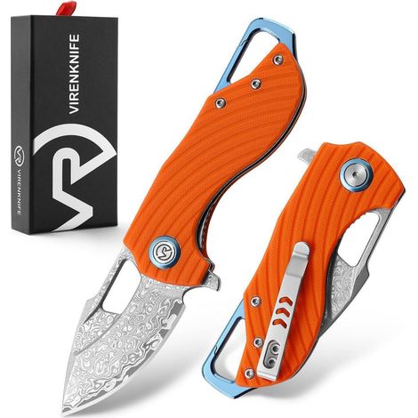 Damast Klappmesser mit G10 Griff, Einhandmesser mit Clip für Camping