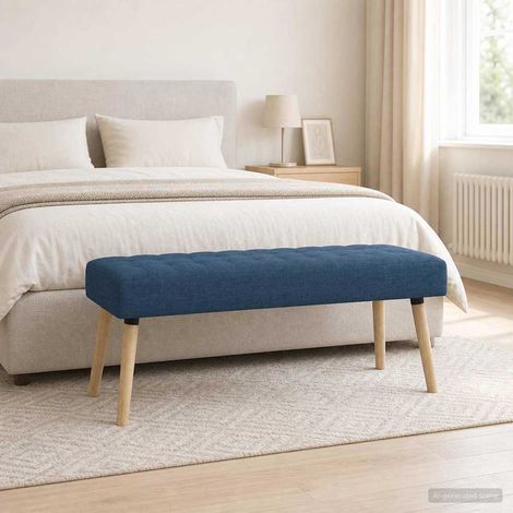 Banc capitonné canal en tissu bleu avec pieds en bois 110 x 40 x 46 cm - PANGIVO (1/5)