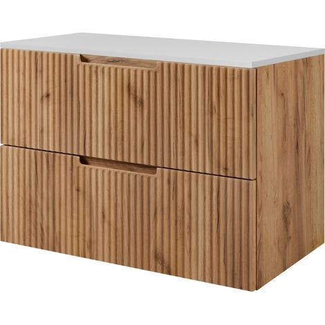 Meuble sous vasque suspendu VENA chêne 80 cm avec plan blanc