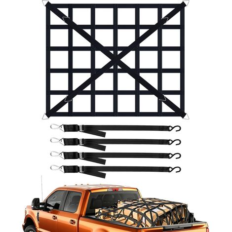 Filet à bagages pour pick-up, camion, surface de chargement réglable, filet de remorque, résistant à la déchirure, filet de fret réglable pour pickup, camion, remorque, avec 4 sangles fixes (1/5)