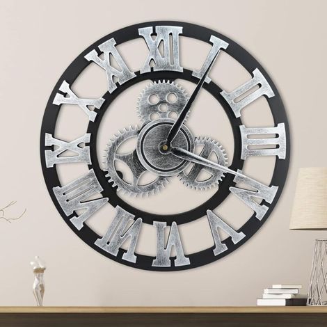 40cm Large Wall Clock Silent Non Ticking Vintage Wall Clock for Home Bedroom Living Room Kitchen Bar (Silver)