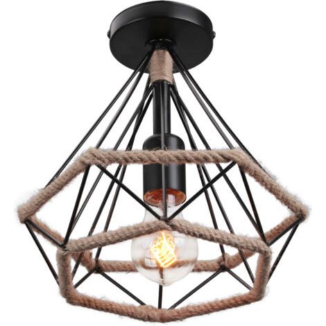 royaluxe- Lampe De Plafond En Corde De Chanvre Luminaire Plafonnier Rétro Plafonnier Diamant Noire Pour Bureau, Couloir, Restaurant, Loft, Bar, Café, 25CM (1/5)