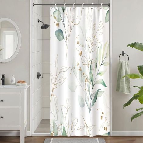 Rideau Douche Anti Moisissure, Rideau de Douche Étroit 90x180cm Vert Feuilles d'eucalyptus Doré Petit Rideaux de Baignoire Tissu Lavable Imperméable Rideaux Salle de Bain avec 6 Crochets (1/5)