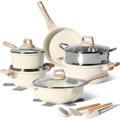 Batterie de cuisine 15 pièces en granit avec cuiseur vapeur, revêtement antiadhésif