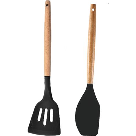Ensemble Ustensiles Cuisine - Silicone Resistante Chaleur Et Manche Bois - Pour Cuisson Et Service - Lot De 2 (1/5)