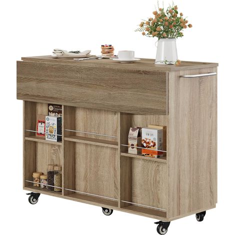 Chariot de cuisine mobile avec plateau rabattable 120 cm, tiroir, placards et étagères, roulettes freinées, aspect bois clair, pour petites cuisines CHICFURN (1/5)