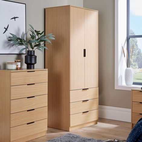 Phoenix Wardrobe 2 Door 3 Drawers Oak Effect Bedroom Furniture Clothing Storage (1/5)