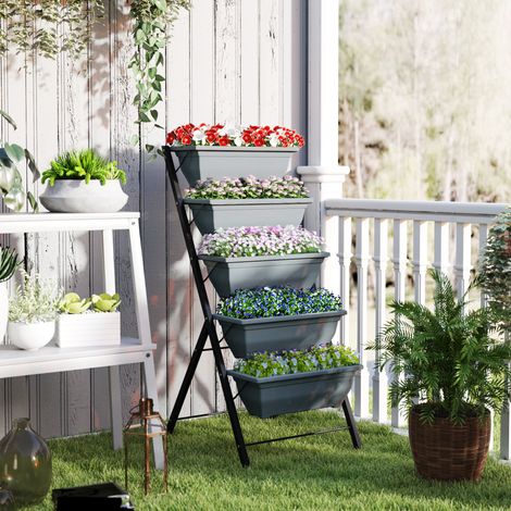 Hochbeet mit mehreren Ebenen, vertikaler Pflanzkasten mit 5 Blumenkästen, Abflusslöchern, grauer Stahlrahmen