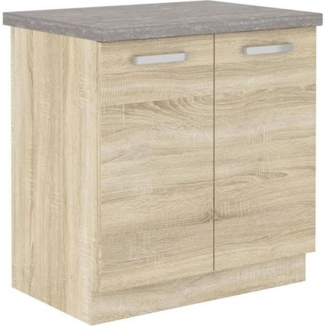 Meuble bas 2 portes battantes avec plan de travail - Décor chene sonoma - L 80 x P 51,6 x H 82 cm - LASSEN (1/5)