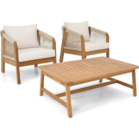 Salon de jardin 2 places en bois FSC - 2 fauteuils et table basse - beige - Symi