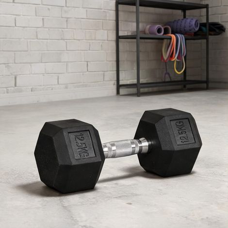 Haltère hexagonale 12,5 kg avec poignée gaufrée noire en métal (1/5)
