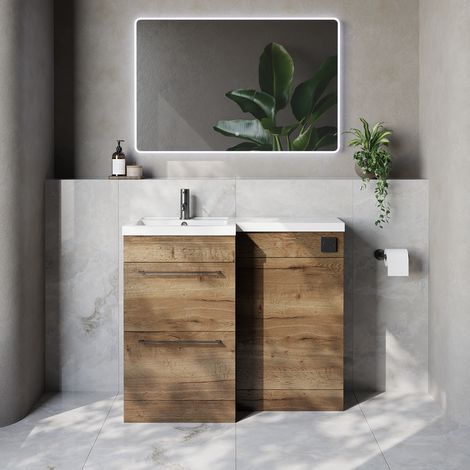 Napoli 390 Tobacco Oak 1000mm 2 Drawer Vanity Unit Toilet Suite with Left Hand Square Lucia Basin - 1000mm - Gunmetal Grey 320mm HandleWithout Kingston Toilet Pan