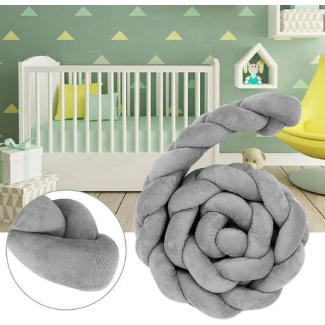 1,50 m langes, geflochtenes Babybett-Nestchen, langes Baby-Kinderzimmerkissen, weiches Schlangenkissen mit Knotenmuster (Grau) (1/5)