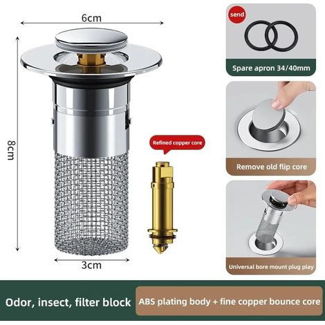 (B80 copper Core)Washbasin Plug Anti Odor Pop-Up Bounce Core Basin Stopper Hair Catcher Shower Sink Strainer Stainless Steel Filter Bouncing Core (1/4)