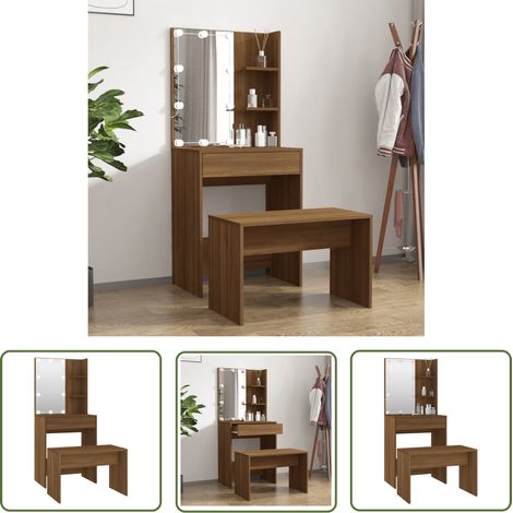 The Living Store Ensemble de coiffeuse avec LED Chêne marron Bois d'ingénierie - Table De Maquillage - Coiffeuse Avec Miroir - Meuble De Salle De Bain - Éclairage Led - Rangement Maquillage (1/5)