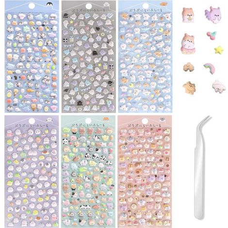 Lot de 6 autocollants 3D en gel animaux, stickers mignons et pince à épiler, set d'autocollants 3D mini gonflants kawaii étanches pour animaux, pour coque de téléphone, cahier, journal (1/5)