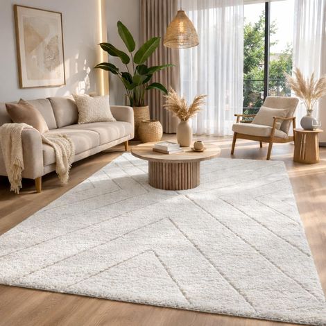 Shaggy Tapis de Salon élégant et Design à Poils Longs, Doux et Facile d'entretien, en Losange crème, 160 x 230 cm (1/5)