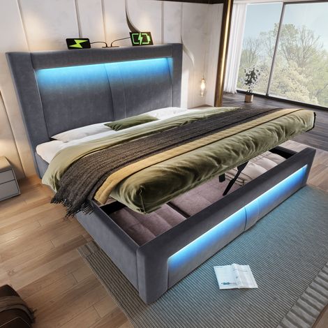 Letto 160x200 cm grigio in velluto con contenitore, LED e porte USB (1/5)