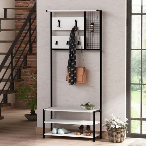 Mobile ingresso 78 cm in legno con appendiabiti in metallo nero e particolari colore bianco - Nomad (1/5)