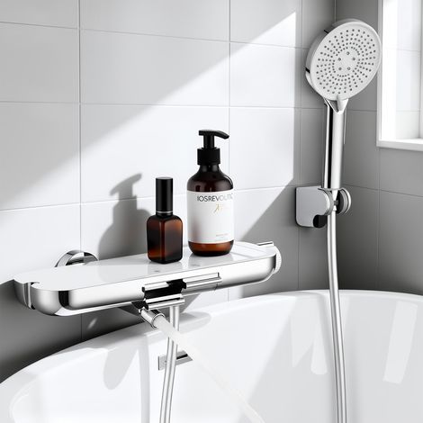 Mitigeur de Baignoire Mural Chromé en Inox – Bec Pivotant Réglable, Douchette 3 Modes, Étagère de Rangement Intégrée, Robinet Bain Design Moderne,Robinetterie Salle de Bain
