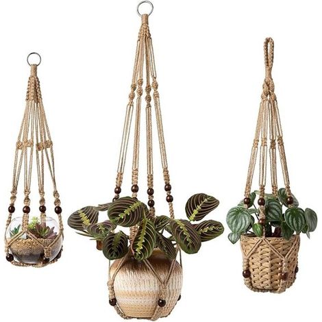 39. Set di 3 cestini per piante sospese, supporto per piante da interno in corda di iuta con decorazione di perle, 58/73/89 cm. (1/5)