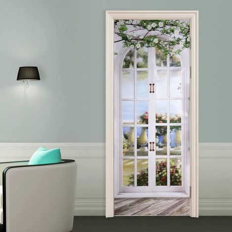 30.3"x78.7" Sticker Porte, Poster Porte Trompe L\'oeil Pvc Papier Autocollant, Vue du Jardin Sticker Décoration pour Cuisine Chambre Salon Salle de Bain, Decoration Porte (1/5)
