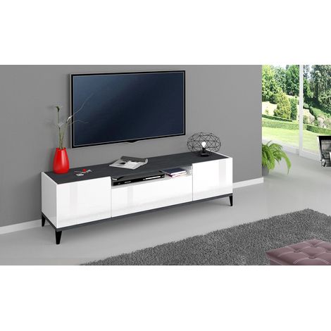Meuble TV moderne 160 cm blanc laqué brillant/ardoise Shine (1/4)