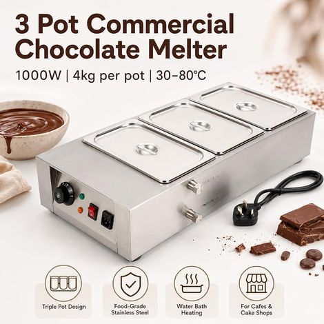 3 Pot Commercial Chocolate Melter,Chocolate Warmer,1000w,4kg Capacity Per Pot,Adjustable Temp 30-80°C Suitable For Cafes,Chocolate Shops,Cake Shop