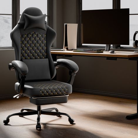 Chaise de jeu en cuir PVC, chaise de jeu de massage avec repose-pieds, chaise ergonomique pour PC, chaise de gamer, chaise de bureau, capacité de charge de 150 kg, noir (1/5)