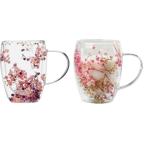 Set aus 2 dekorativen, doppelwandigen Gläsern, verziert mit echten Trockenblumen, von außergewöhnlicher Qualität (350 ml). Ideal für Milch, Kaffee oder andere Heißgetränke. (1/5)