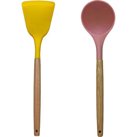 Ensemble Ustensiles Cuisine Silicone - Manche En Bois Résistant Chaleur - Pour Casseroles Antiadhésives - Lot De 2 Pièces (1/5)