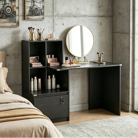 Scrivania per computer 126x50x109 cm, con libreria a 4 vani e cassetto con serratura, MDF nero (1/5)