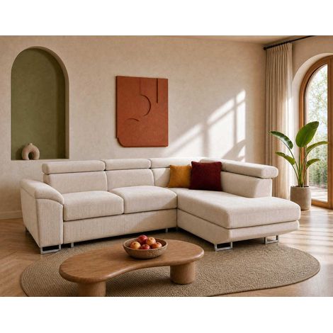Baoji - canapé d'angle droit 5 places convertible avec têtières et coffre en velours côtelé - beige