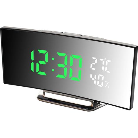 Radio-réveil numérique LED – Grand écran incurvé, 3 niveaux de luminosité, 2 alarmes, fonction snooze, affichage de la température et de l'humidité, alimentation USB (1/4)