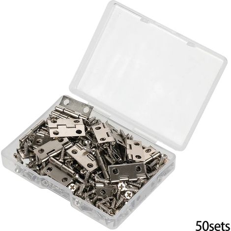 (Argent) Boîte de 50 charnières en fer avec 200 vis, coloris argent, doré, bronze et noir. Fixation à 4 trous. Quincaillerie de meubles durable. Mini charnières décoratives. (1/5)