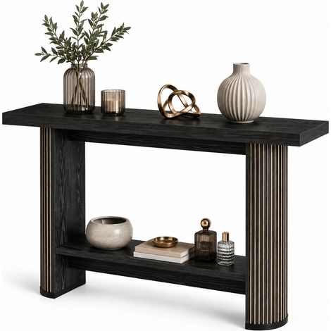 CHICFURN Tavolo consolle 140x30x80 cm in legno nero, design moderno per ingresso e soggiorno (1/5)