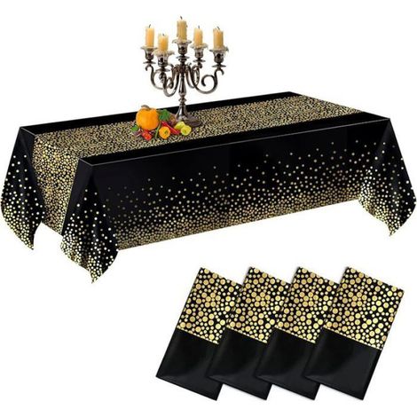 Lot de 4 nappes, rectangulaire, imperméable PEVA, motif doré, noir, pour mariage anniversaire Noël (1/5)