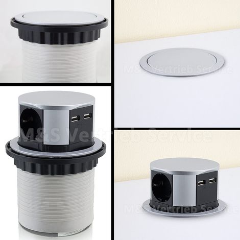 Tischsteckdose 3 fach versenkbar rund 3er Steckdosenleiste mit 2x USB