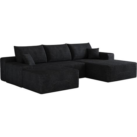 Divano angolare modulare 270 cm in tessuto a coste nero, chaise longue a L, senza montaggio (1/5)