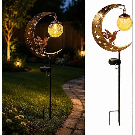 Lampe solaire jardin demi-lune étanche décor colibri lune pour allée terrasse pelouse déco extérieure (1/5)