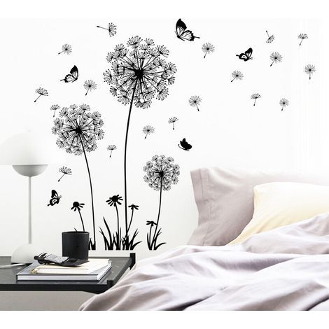 Stickers muraux FLEURS DE PISSENLIT noir (60x90cm) I papillon plantes branche arbre I autocollant sticker mural pour salon chambre cuisine salle de bains bureau adulte enfant (1/5)