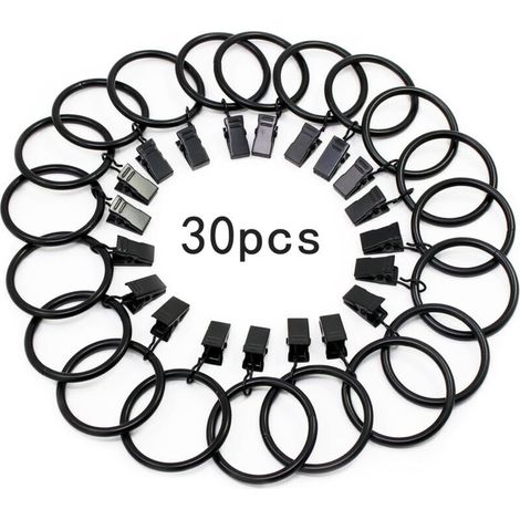 30 Stück Gardinenringe mit Clips, robuste, rostfreie Metall-Gardinenringe für Gardinenstangen, Innendurchmesser 32 mm (Schwarz) - Crezuo