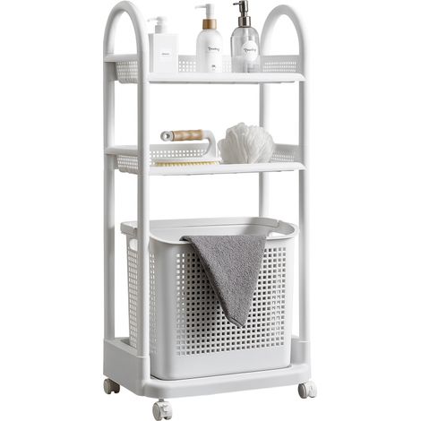 Etagère Roulante 3 niveaux Panier à Linge Intégré Amovible - 4 Roulettes à freins - Plastique Blanc - Compatible toutes pièces - Livraison gratuite