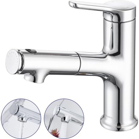 Rubinetto per lavabo da bagno con doccetta estraibile, miscelatore monocomando per lavabo da appoggio con 3 tipi di getto, cromato. (1/4)