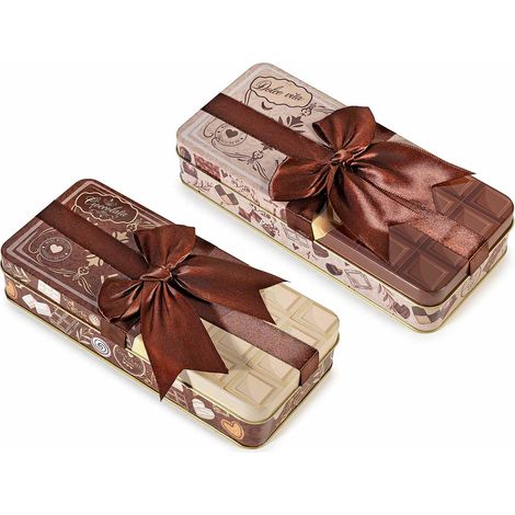 Boîtes de Noël en métal contact alimentaire en forme de paquet cadeau avec nœud, lot de 4, 21 x 9,5 x H. 4 cm