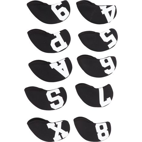 Ensemble de 10 couvre-clubs de golf numérotés, en néoprène, avec inscriptions blanches sur fond noir. (1/5)
