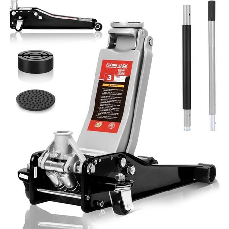 Stanew – Cric hydraulique 3T – Hauteur de levage 75-505 mm – Double piston pour levage rapide – 2 supports caoutchouc antidérapants – Roulettes 360°