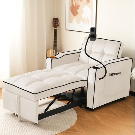 Sessel 3-in-1 ausziehbar mit Getränkehalter Samt Beige OKMYHOME (1/5)