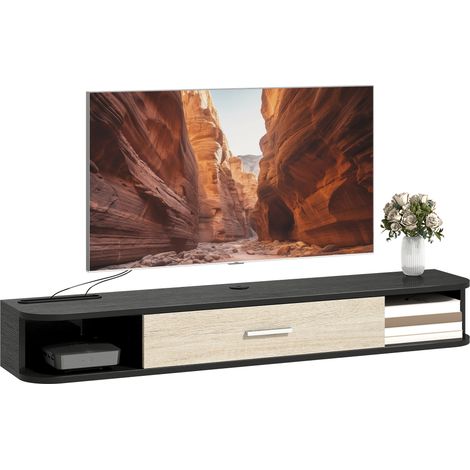 Meuble TV Suspendu - HOMCOM - Jusqu'à 50 Pouces - Porte Rabattable, 2 Étagères Ouvertes et Passe-câbles - Bois - 120x26x16cm - Noir